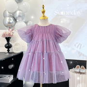 韩国童装女童连衣裙夏装洋气泡泡袖女小童紫色高端裙子宝宝公主裙