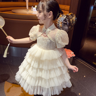 女童连衣裙中国风女孩旗袍夏装，2023洋气儿童，泡泡袖网纱公主裙