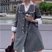 法式小众宫廷灰色羊毛呢，中长款娃娃大衣，外套名媛显瘦蕾丝花边上衣