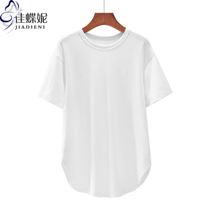 夏季韩版圆领纯白宽松中长款白色，燕尾摆短袖体恤，上衣女打底衫