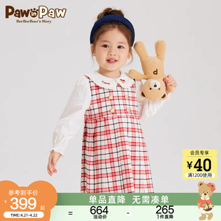 PawinPaw卡通小熊童装2024年春季女宝淑女长袖格纹拼接连衣裙