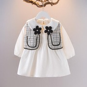 女童连衣裙娃娃领长袖1-3周岁，韩版洋气小香风马甲背心裙子两件套