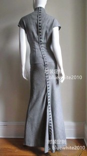 精纺高支羊毛长款一排扣连衣裙灰色，优雅女神长裙