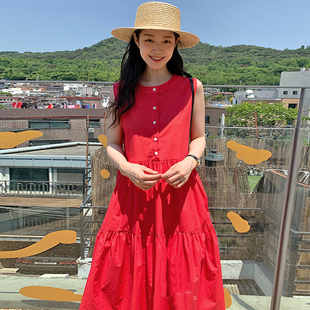韩国chic夏季法式简约圆领，单排扣宽松层次感，无袖背心连衣裙长裙女