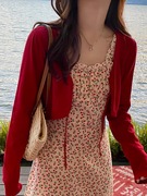 红色冰丝针织防晒开衫女夏季薄款韩系搭配碎花裙吊带外搭罩衫上衣