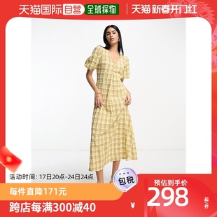 香港直邮潮奢 ASOS 女士设计织纹中长茶色黄色格纹连衣裙
