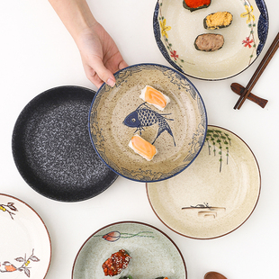 日式复古创意陶瓷盘子传统家用餐厅饭盘厨房用具，菜盘釉下彩深圆盘