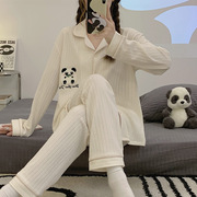 秋季开扣式套装针织翻领韩版可爱熊猫刺绣睡衣套装女家居服