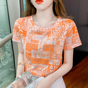2023年夏季时尚个性印花短袖t恤女夏洋气(夏洋气，)设计感宽松显瘦上衣