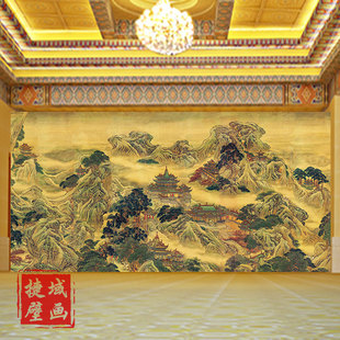 蓬莱仙境图壁纸新中式国画山水画，墙纸堂口客厅，背景墙佛堂寺庙墙布