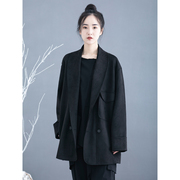 原途原创设计师品牌女装，黑色休闲外套，春秋麂皮绒赫本风上衣
