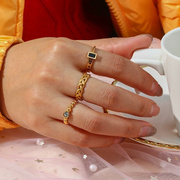 欧美ins摩登潮流气质指环，饰品不锈钢镀18k金色，开口珠子锆石戒指