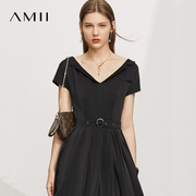 amii极简设计感气质西装连衣裙，2024夏收腰显瘦小黑裙a字裙女