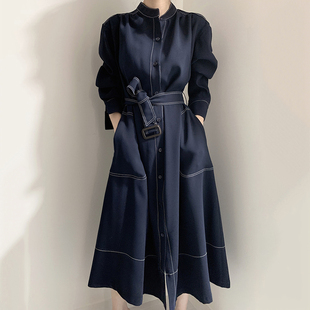 韩国chic极简主义优雅立领明线，单排扣宽松绑带，风衣式连衣裙长裙