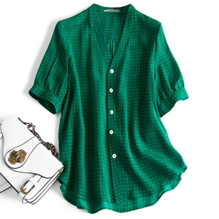 大码女装胖妹妹夏复古(夏复古)森林绿法式波点气质，v领短袖衬衫上衣女