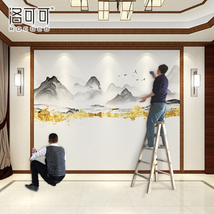 新中式墙布轻奢背景墙壁纸整张客厅，影视墙壁画，复古水墨山水画墙纸