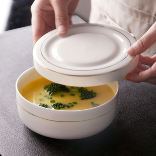 隔水炖碗蒸蛋碗带盖碗盘子，保鲜碗金边陶，瓷碗饭盒微波炉骨瓷泡面碗