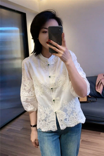 新中式国风衬衫女短袖，2024春夏高级感气质刺绣法式小衫上衣