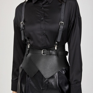 欧美时尚马甲腰封女个性背带式复古皮质装饰宽腰带肩吊带可拆