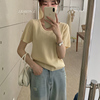 韩系正肩短袖T恤女夏季冰丝针织衫小众修身圆领体恤短款黄色上衣
