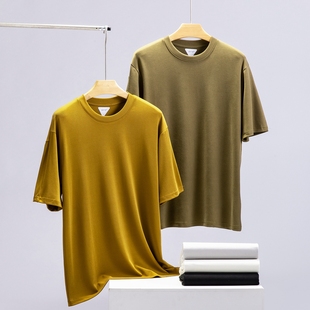 铜氨丝短袖t恤男夏季莫代尔，纤维竖条纹肌理，感凉爽垂感圆领体恤衫