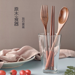日式筷子勺子套装和风，便携餐具套装木勺，叉子布袋绕线实木勺叉筷套