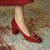 tatalory女鞋绒面，两穿简约方扣粗跟单鞋，敬酒婚鞋宴会红色高跟鞋