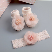 秋冬婴儿新生儿宝宝公主满月礼物婴幼儿儿童发带防滑袜子套装