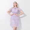 高级感紫色名媛气质减龄网纱连衣裙2024夏小翻领，褶皱修身a字短裙
