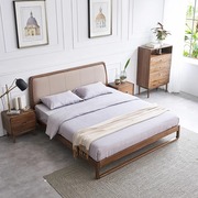 黑胡桃木实木床真皮软靠包床北欧轻奢风现代1.8米双人婚床家具