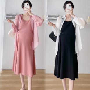孕妇套装夏2023甜美优雅扭结设计背带裙，雪纺系带防晒衫两件套