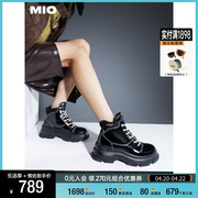 mio米奥2023冬季纯色，高跟厚底靴子时髦酷飒系带，机能马丁靴女靴