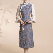 蓝色改良旗袍年轻款高端日常中式国风长袖连衣裙冬季加绒加厚
