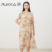 蒲pukka女装夏装亚麻，文艺复古定制印花显瘦短袖连衣裙