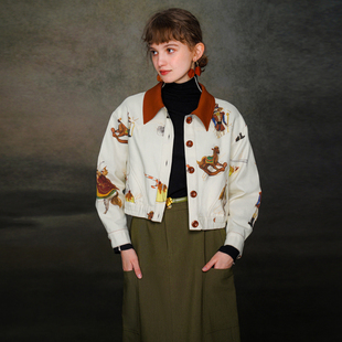 咖沫原创设计英伦复古棕红polo领短外套复古气质上衣小众女冬