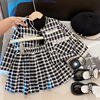 女童小香风格子套装，2023秋季韩版儿童长袖外套时尚短裙两件套
