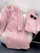 2.6斤冬季粉色长袖粗花呢大衣直筒高腰长裤套装时尚休闲洋气L$13