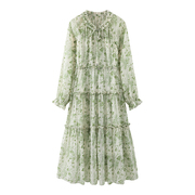 艾格城市今年流行漂亮连衣裙，春2024女圆领，绿色碎花长袖雪纺裙