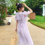 香芋紫色荷叶边连衣裙，女夏2022初恋系，可爱甜美收腰法式长裙子