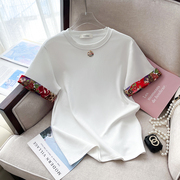 中国风2024夏季新中式拼接袖子纯棉短袖T恤女洋气圆领上衣潮