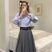 韩国chic春季气质翻领垫肩，长袖条纹衬衫+双皮带百褶半身裙套装女