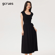 gcrues短袖大圆领黑色连衣裙2024早春女装气质显瘦（配腰带）