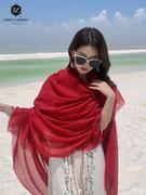 红色披肩薄纱丝巾秋季防晒围巾两用民族风超大尺寸青海湖沙漠穿搭