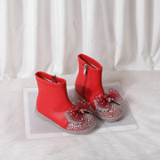 女童红色短靴秋冬季加绒圆头皮靴英伦风平跟侧拉链公主小女孩靴子