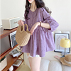 紫色娃娃衫上衣女2023年夏季韩版圆领套头甜美灯笼袖碎花衬衫