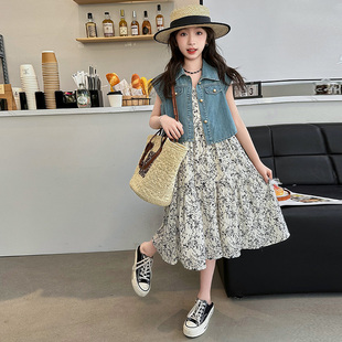 女童夏季连衣裙2025款洋气女大童夏装碎花裙儿童牛仔马甲长裙子