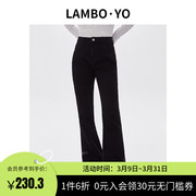 LAMBOYO春季黑色显瘦喇叭裤设计感小众高腰修身质感须边牛仔裤女
