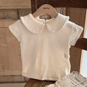ins韩国婴幼儿娃娃领上衣短袖t恤夏季宝宝简约纯色百搭翻领打底衫