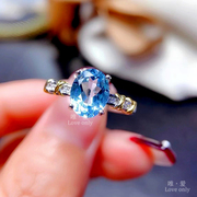 天然瑞士蓝托帕石戒指，s925纯银镶嵌蓝色宝石日韩时尚简约女戒