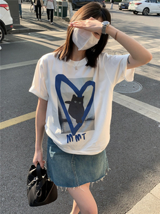 创意爱心黑色小猫咪印花宽松白色，短袖t恤休闲欧版半袖纯棉上衣tee